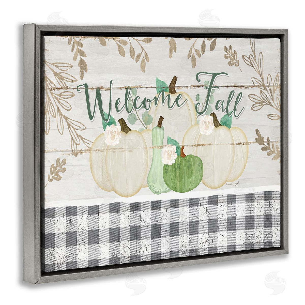 Welcome Fall Pumpkins & Plaid Grey Floating Frame Canvas Wall Art, Home Decor by Jennifer Pugh