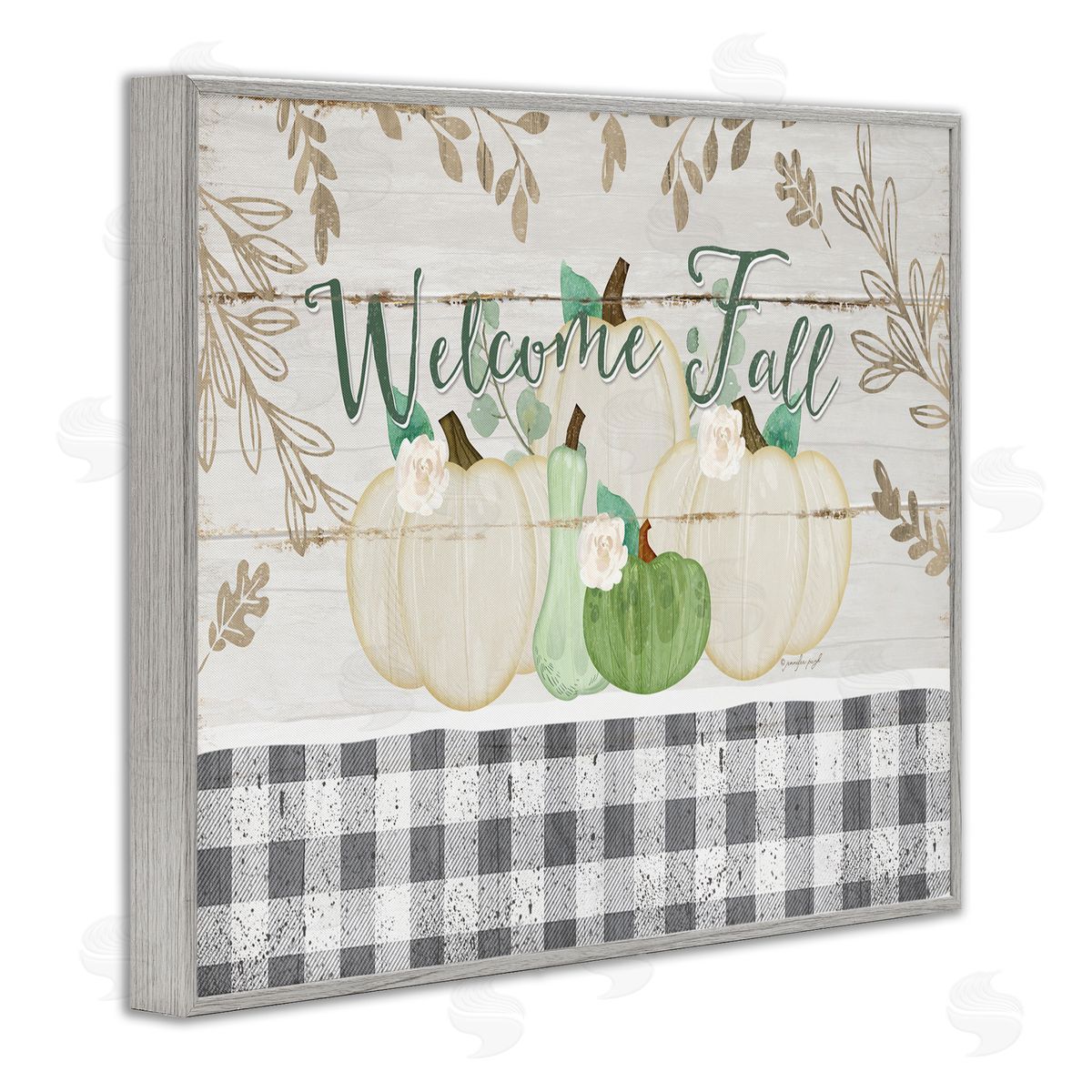 Welcome Fall Pumpkins & Plaid Grey Frame Print Wall Art, Home Decor by Jennifer Pugh