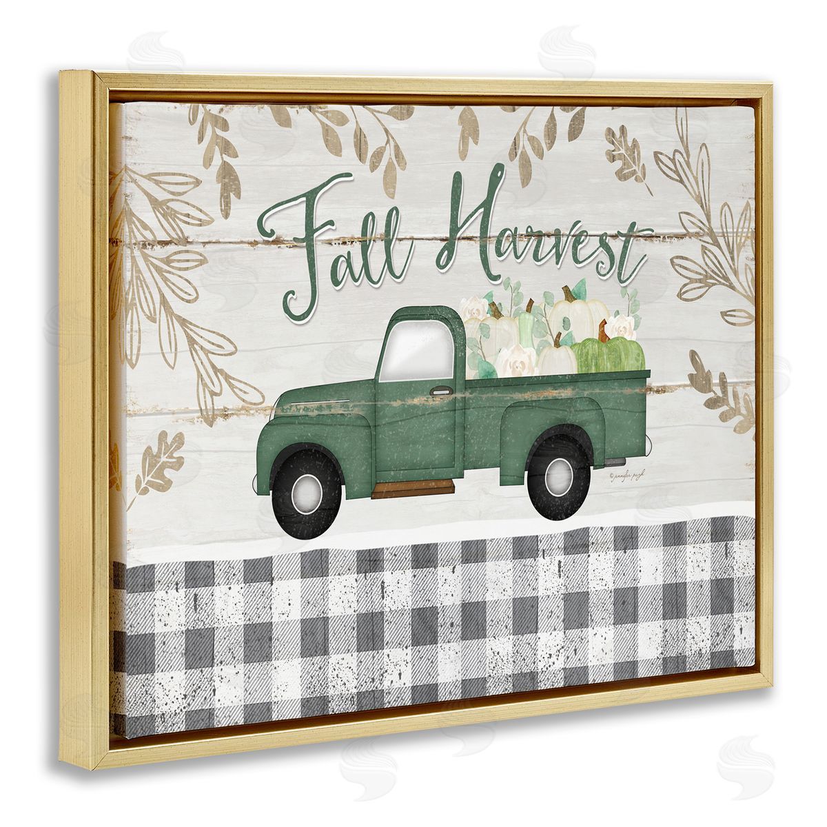 Fall Harvest Truck & Plaid Gold Floating Frame Canvas Wall Art, Home Decor by Jennifer Pugh