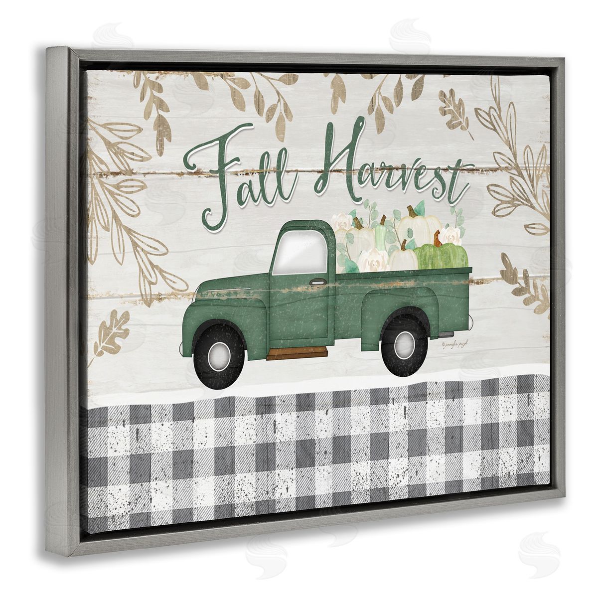 Fall Harvest Truck & Plaid Grey Floating Frame Canvas Wall Art, Home Decor by Jennifer Pugh