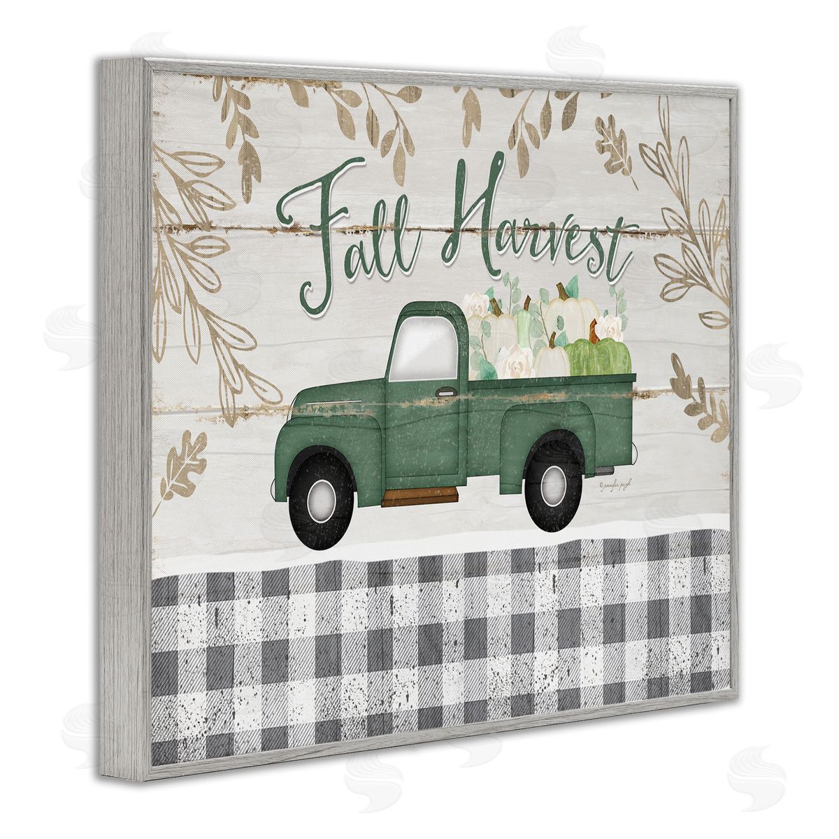 Fall Harvest Truck & Plaid Grey Frame Print Wall Art, Home Decor by Jennifer Pugh
