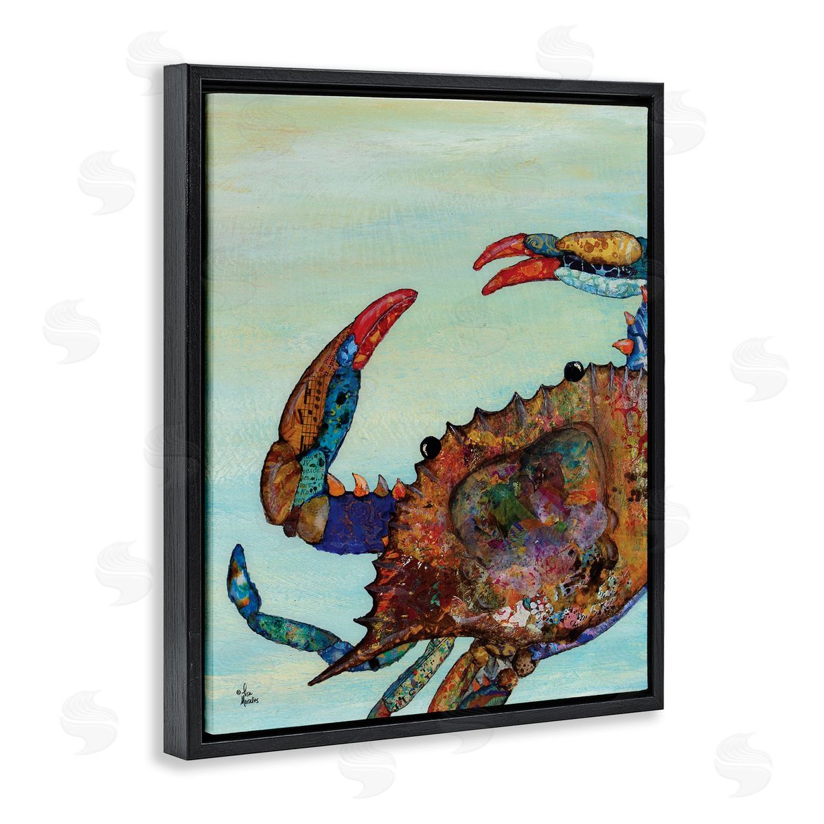 Crab with Collage Pattern Black Floating Frame Canvas Wall Art, Home Decor by Lisa Morales