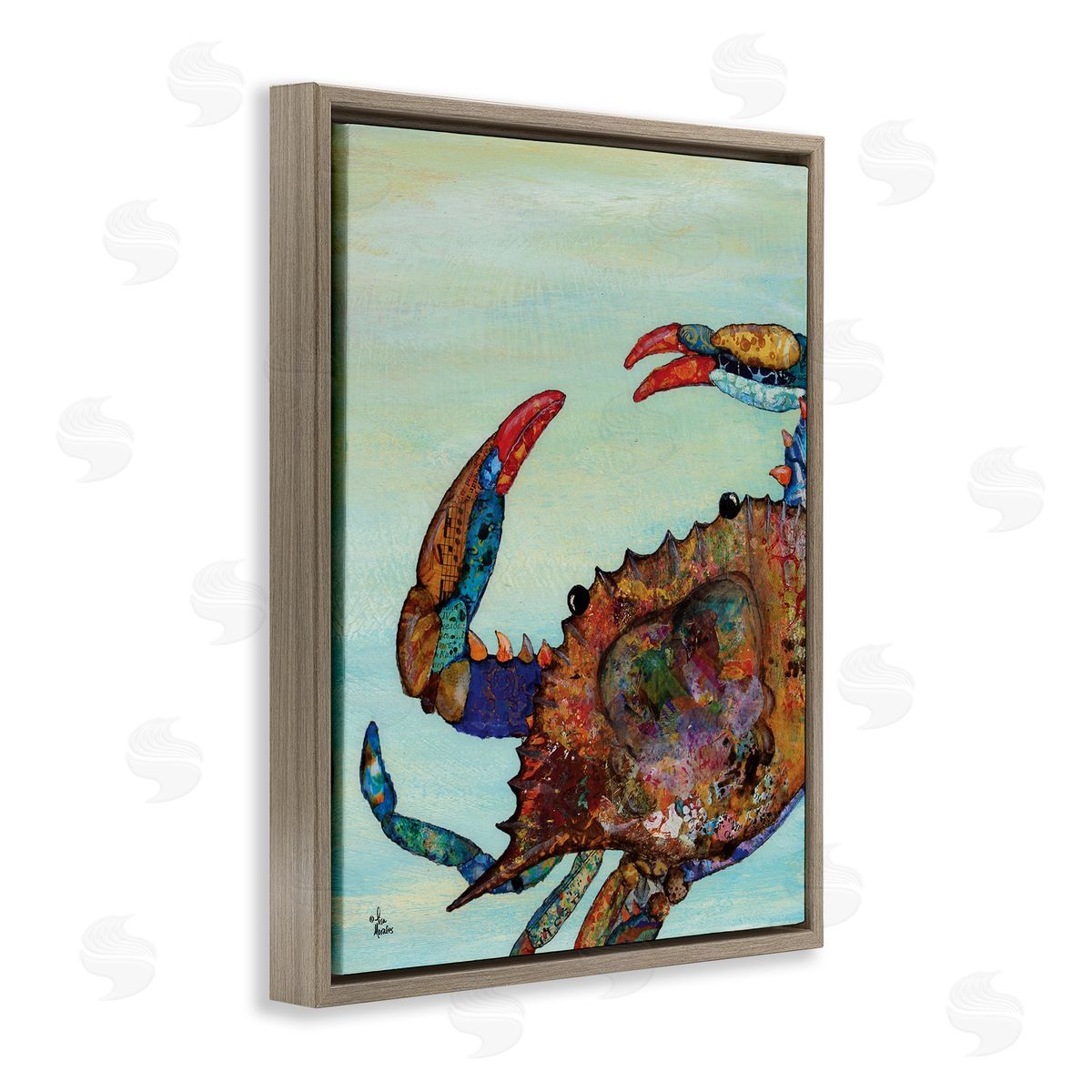 Crab with Collage Pattern Brown Floating Frame Canvas Wall Art, Home Decor by Lisa Morales