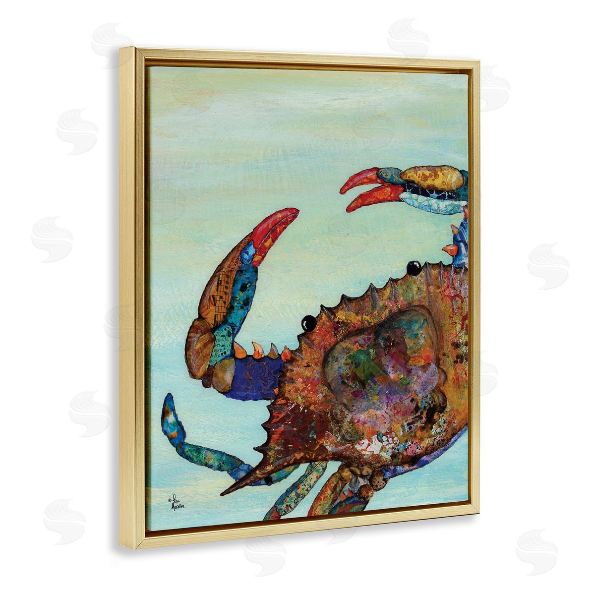 Crab with Collage Pattern Gold Floating Frame Canvas Wall Art, Home Decor by Lisa Morales