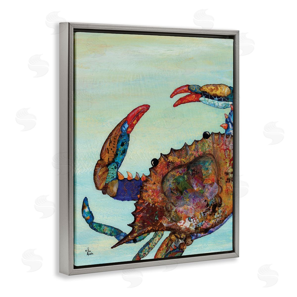 Crab with Collage Pattern Grey Floating Frame Canvas Wall Art, Home Decor by Lisa Morales