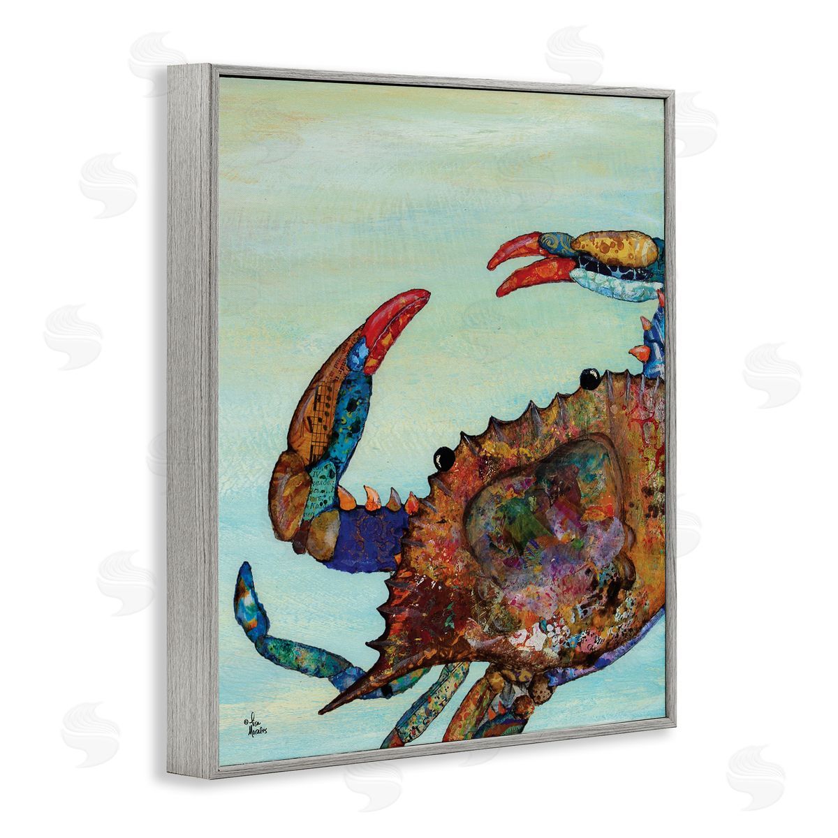 Crab with Collage Pattern Grey Frame Print Wall Art, Home Decor by Lisa Morales