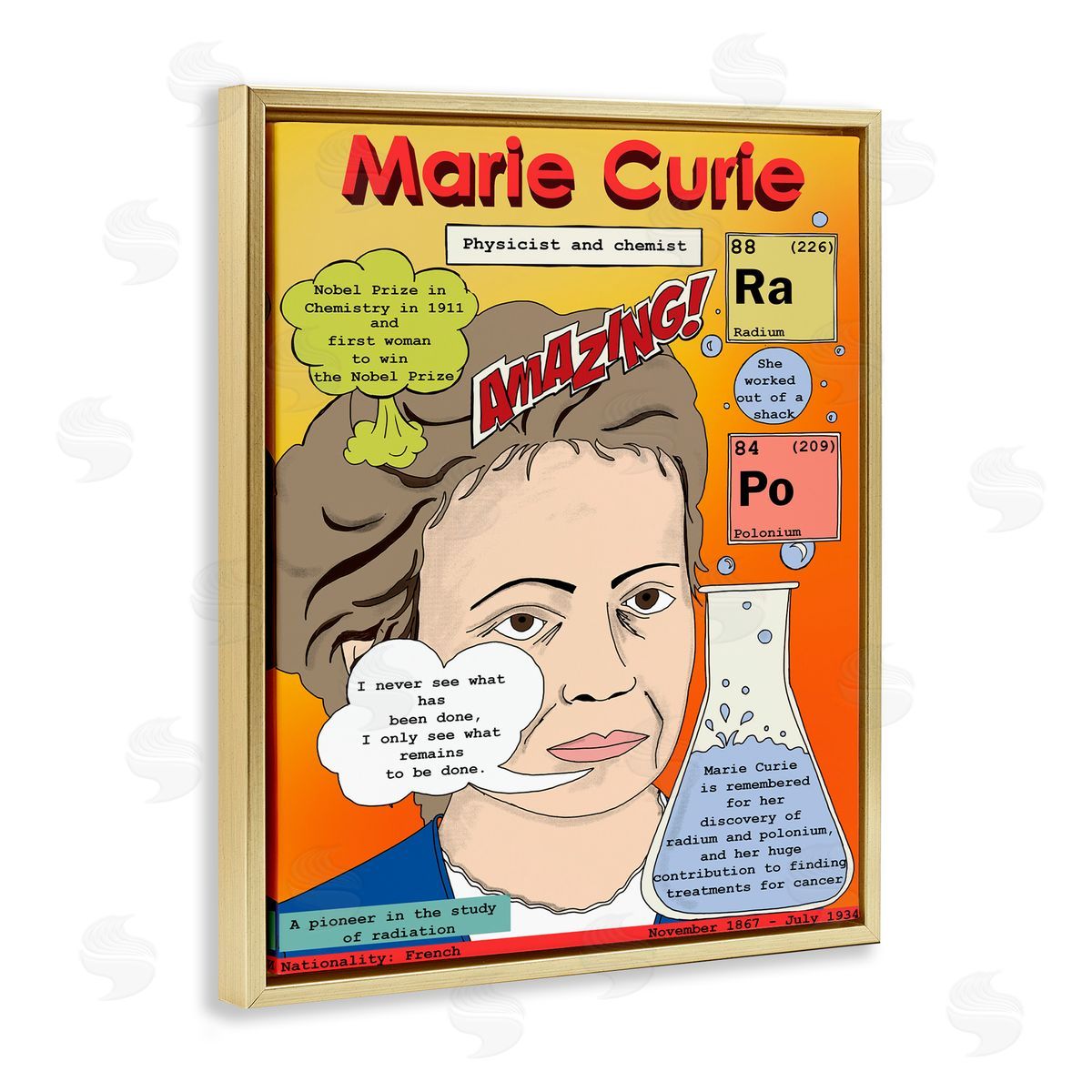 Marie Curie Magazine Cover Gold Floating Frame Canvas Wall Art, Home Decor by Sangita Bachelet