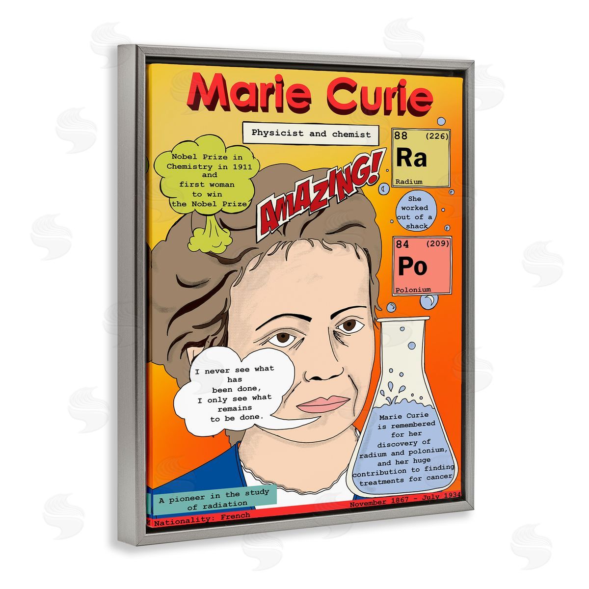 Marie Curie Magazine Cover Grey Floating Frame Canvas Wall Art, Home Decor by Sangita Bachelet