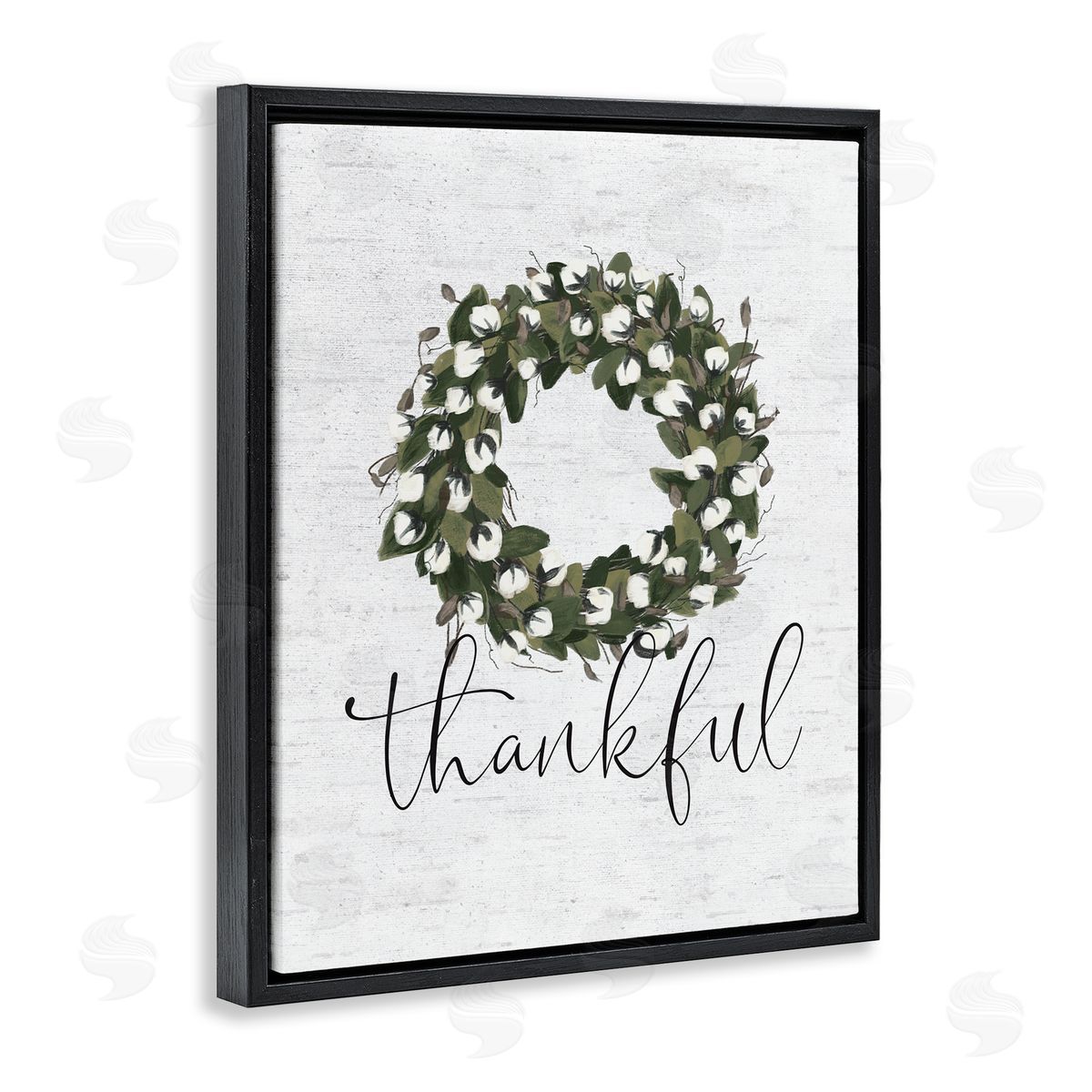 Thankful Cotton Wreath Accent Black Floating Frame Canvas Wall Art, Home Decor by Lettered and Lined