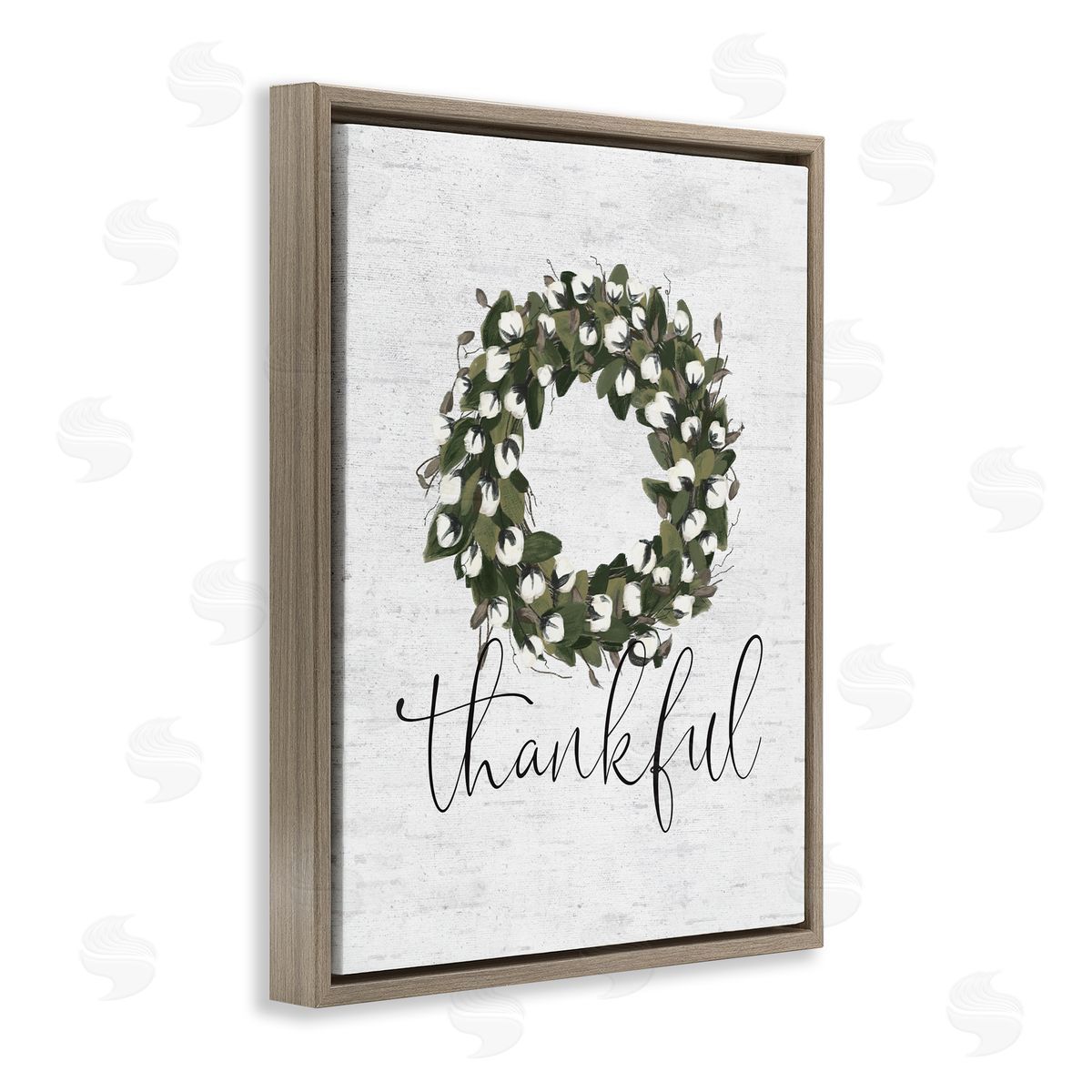 Thankful Cotton Wreath Accent Brown Floating Frame Canvas Wall Art, Home Decor by Lettered and Lined