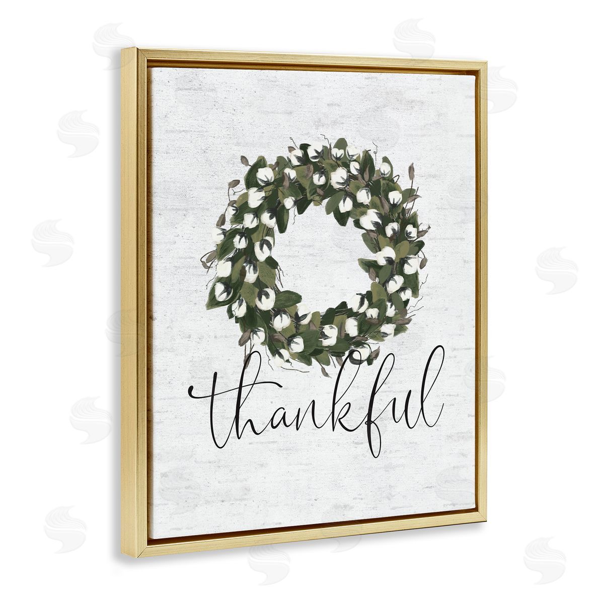 Thankful Cotton Wreath Accent Gold Floating Frame Canvas Wall Art, Home Decor by Lettered and Lined
