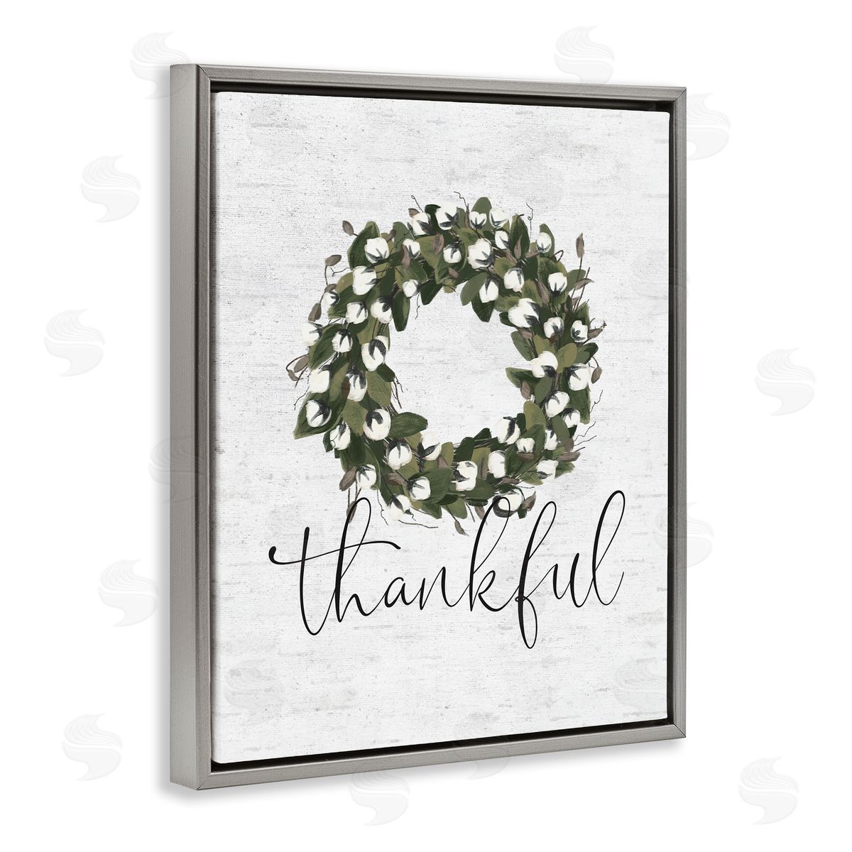 Thankful Cotton Wreath Accent Grey Floating Frame Canvas Wall Art, Home Decor by Lettered and Lined