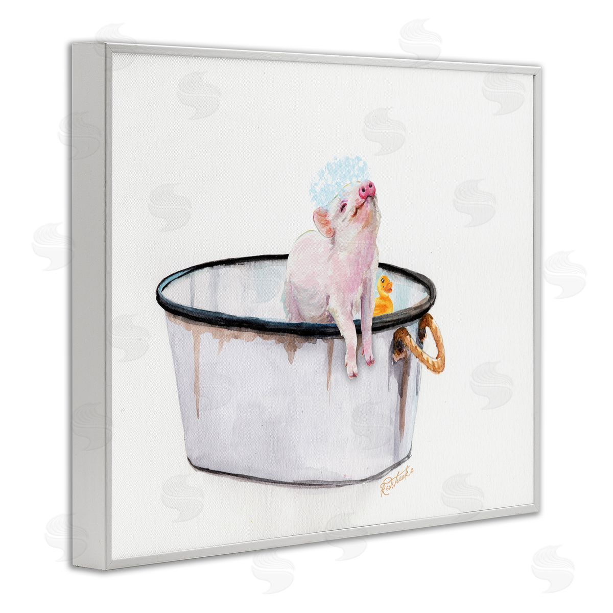 Pig & Rubby Duck Bath White Frame Print Wall Art, Home Decor by Jennifer Redstreake