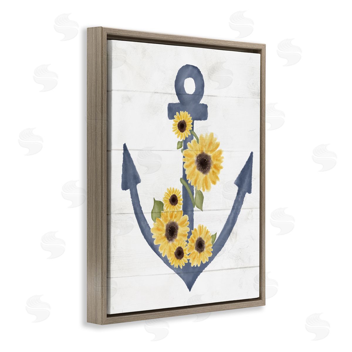 Blue Anchor with Sunflowers Brown Floating Frame Canvas Wall Art, Home Decor by Stupell Studio
