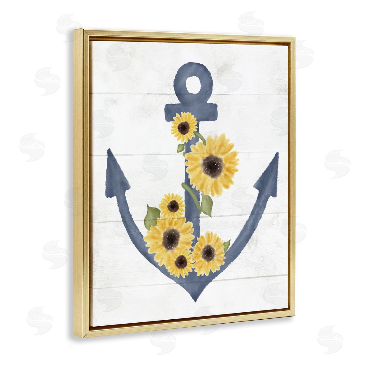 Blue Anchor with Sunflowers Gold Floating Frame Canvas Wall Art, Home Decor by Stupell Studio