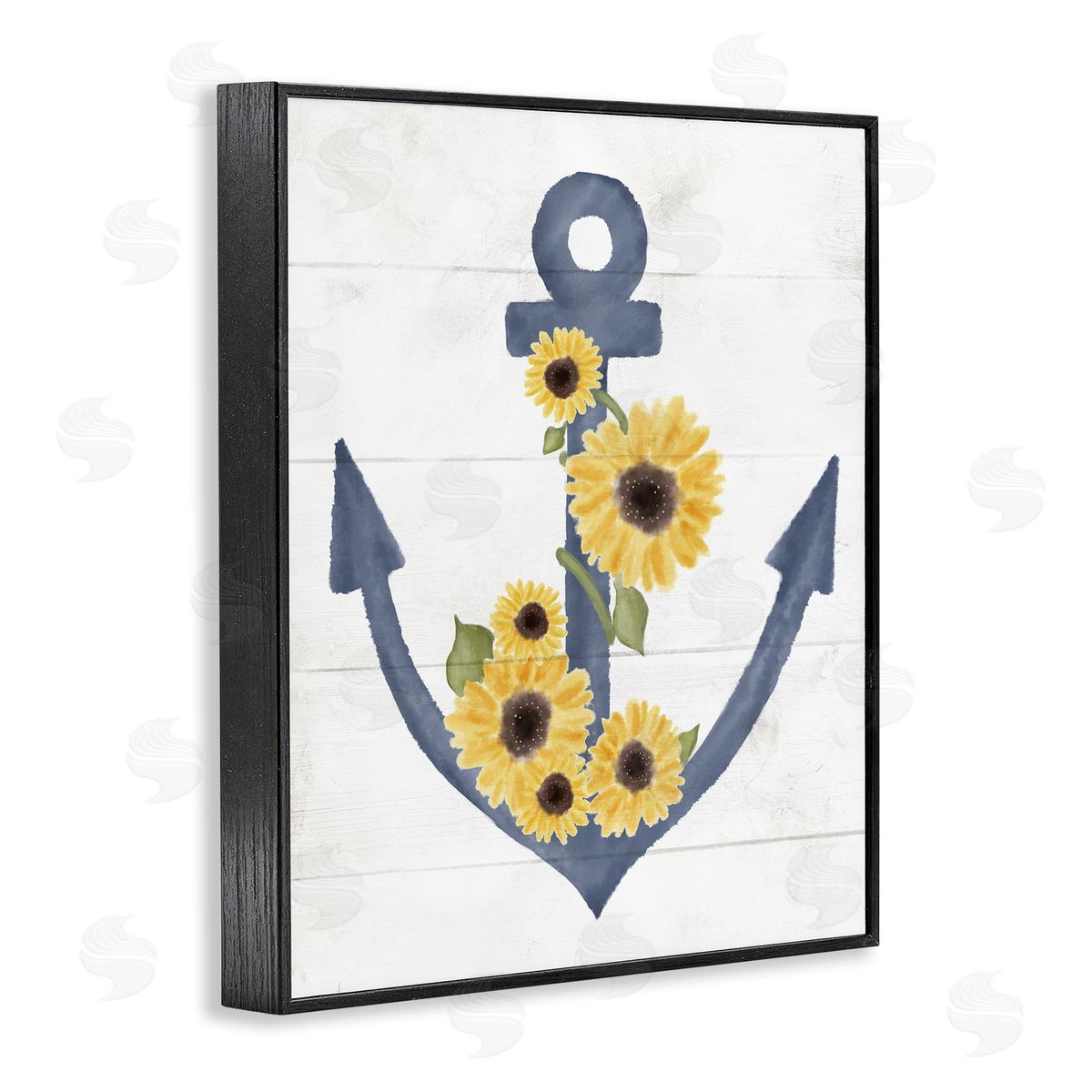 Blue Anchor with Sunflowers Black Frame Print Wall Art, Home Decor by Stupell Studio