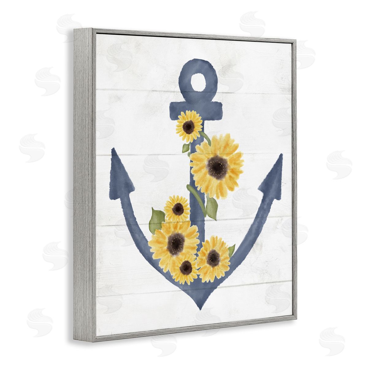 Blue Anchor with Sunflowers Grey Frame Print Wall Art, Home Decor by Stupell Studio