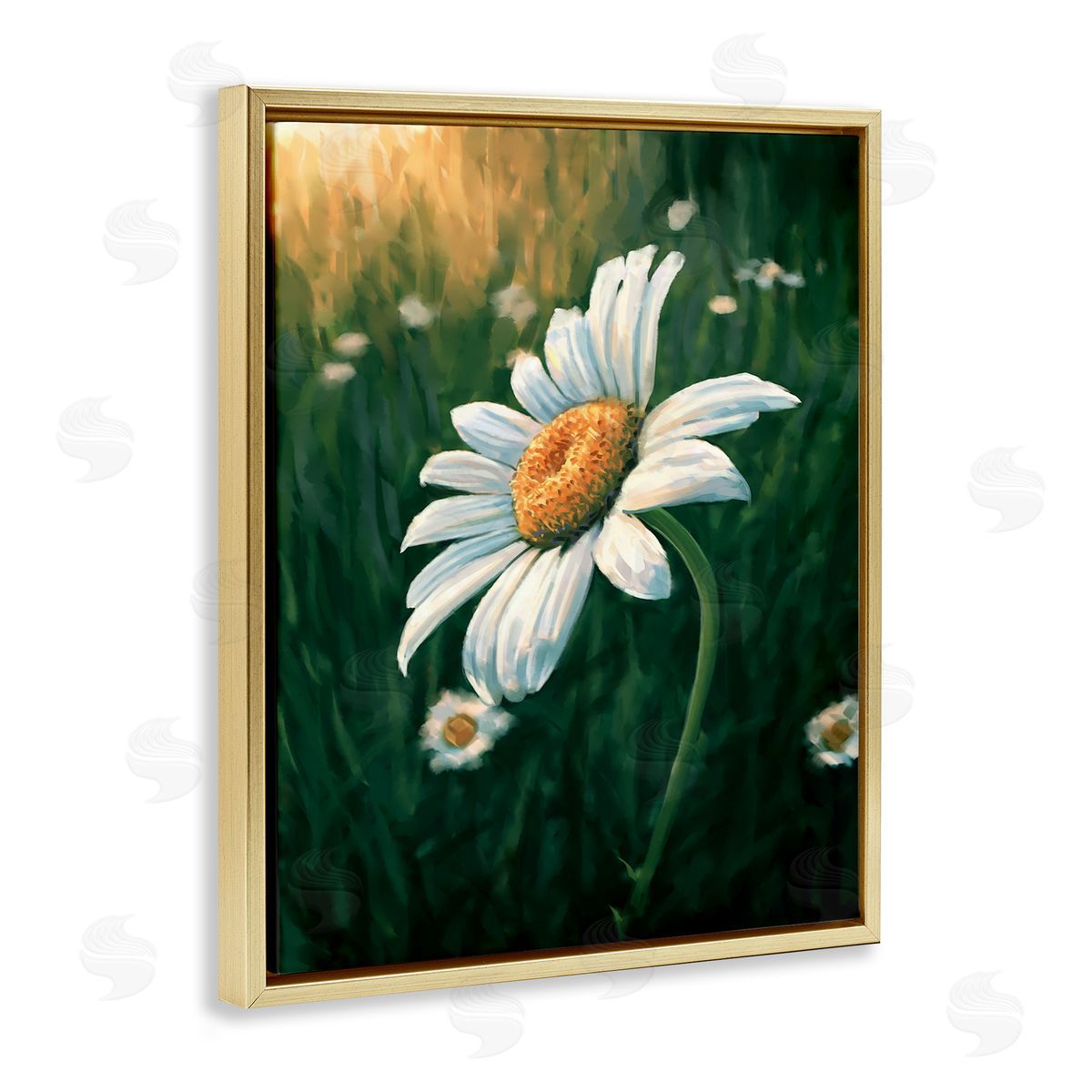 Daisy in Green Field Gold Floating Frame Canvas Wall Art, Home Decor by Ziwei Li