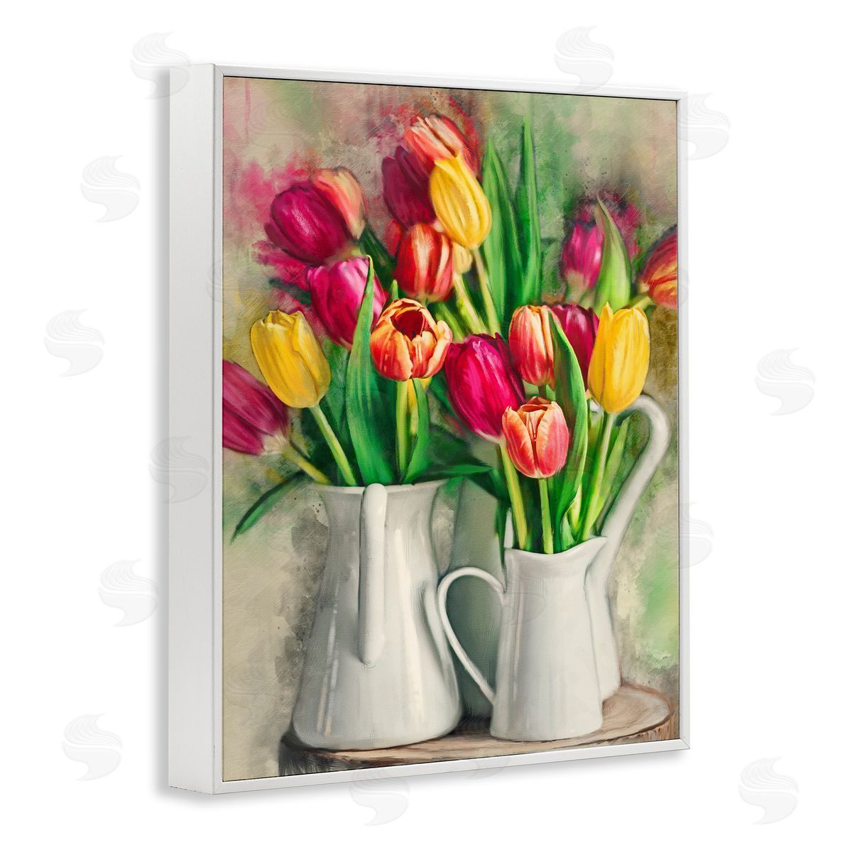 Colorful Tulips in Pitchers White Frame Print Wall Art, Home Decor by Ziwei Li