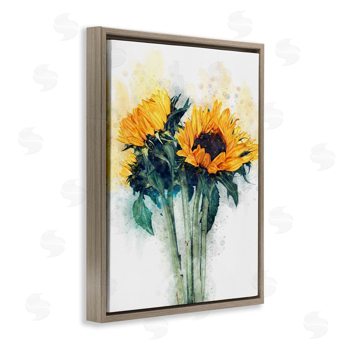 Sunflower with Watercolor Accent Brown Floating Frame Canvas Wall Art, Home Decor by Ziwei Li
