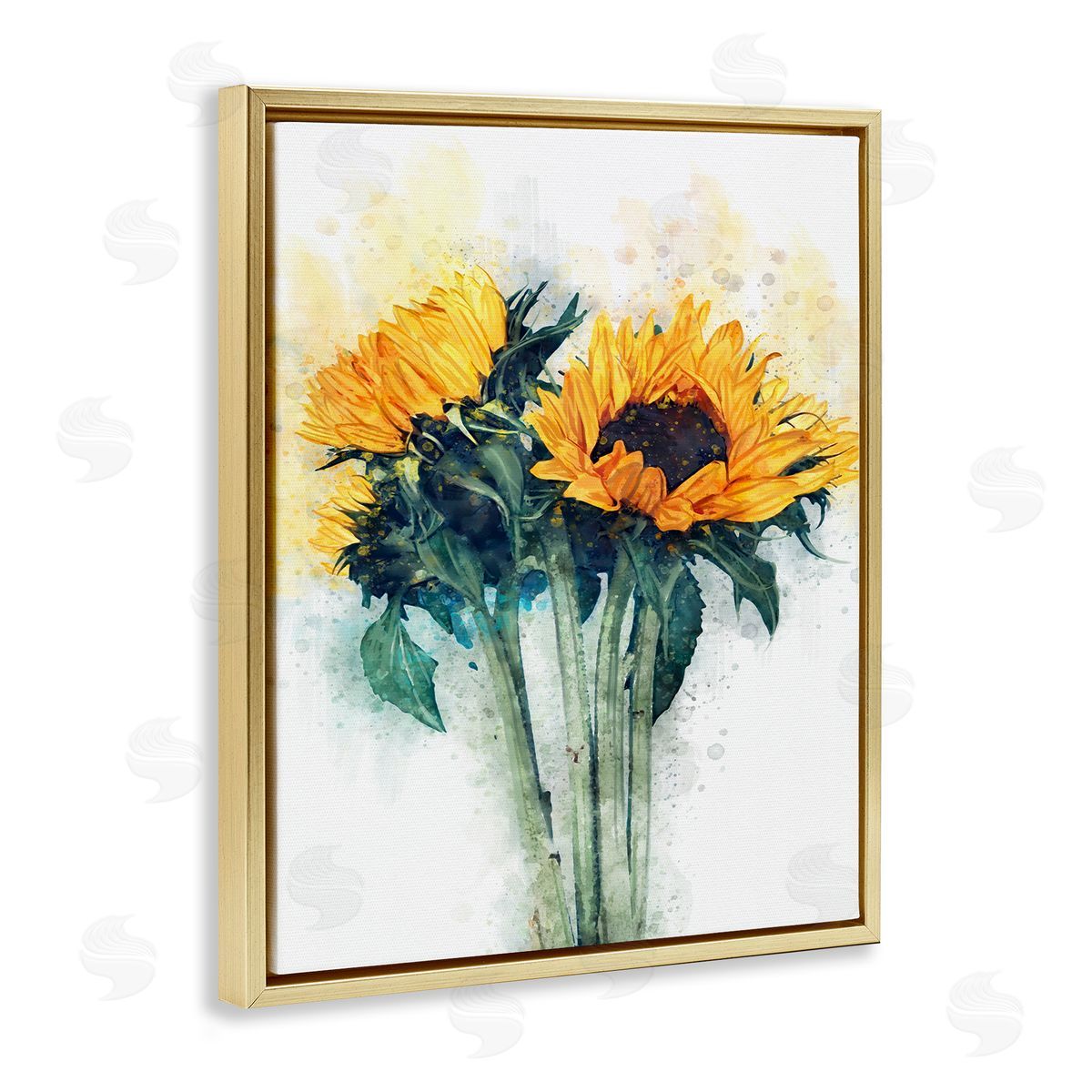 Sunflower with Watercolor Accent Gold Floating Frame Canvas Wall Art, Home Decor by Ziwei Li