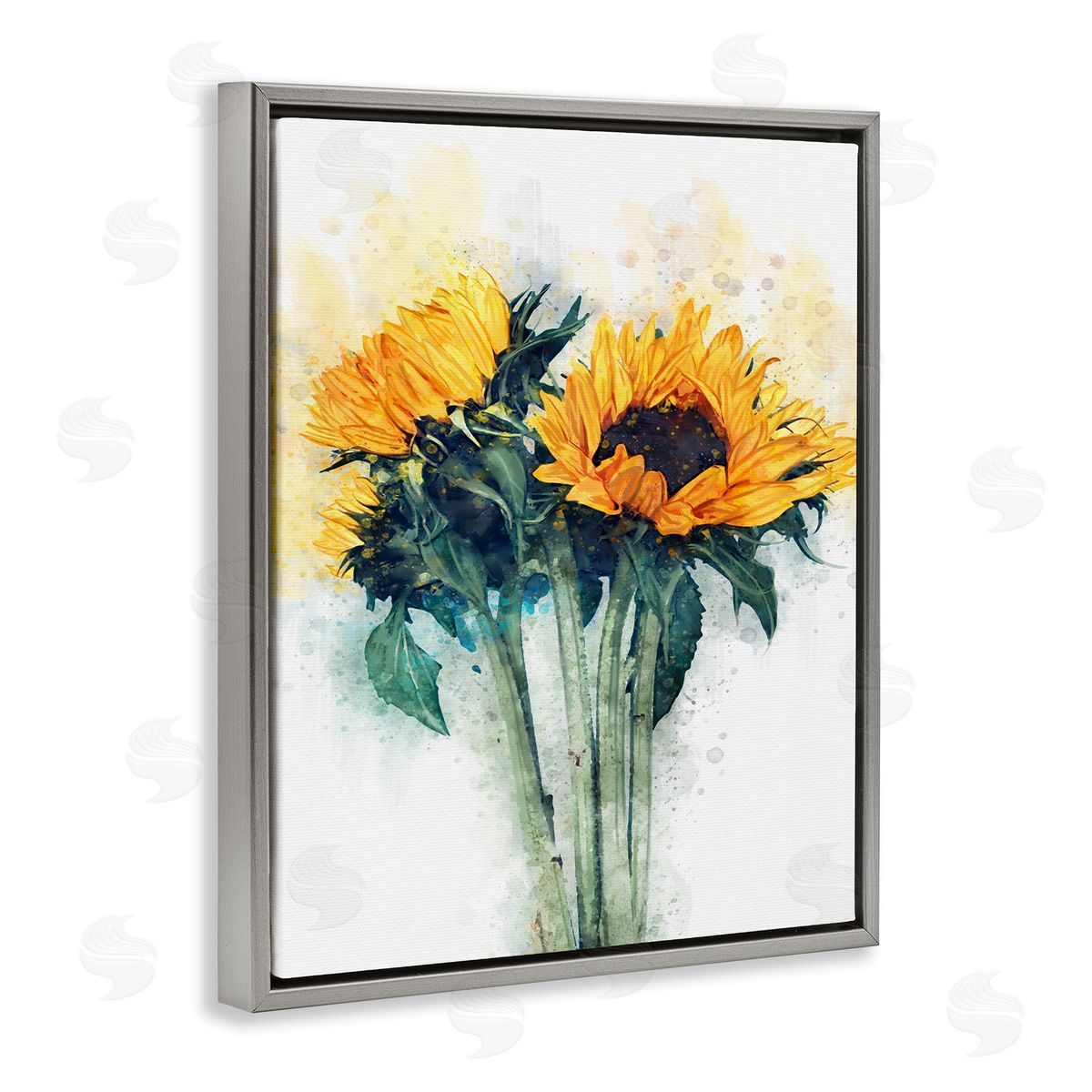 Sunflower with Watercolor Accent Grey Floating Frame Canvas Wall Art, Home Decor by Ziwei Li