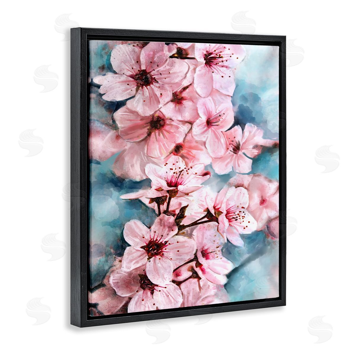 Cherry Blossom Tree Watercolor Black Floating Frame Canvas Wall Art, Home Decor by Ziwei Li