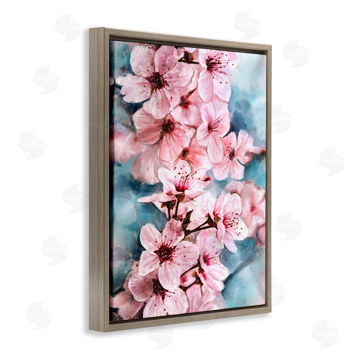 Cherry Blossom Tree Watercolor Brown Floating Frame Canvas Wall Art, Home Decor by Ziwei Li