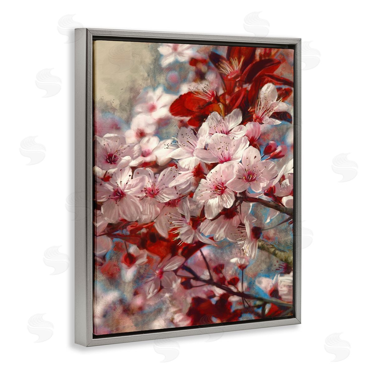 Clustered Pink Flower Blossoms Grey Floating Frame Canvas Wall Art, Home Decor by Ziwei Li