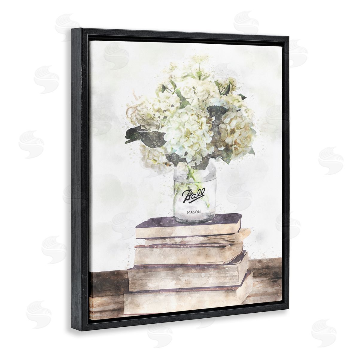 Hydrangea Country Bookstack Black Floating Frame Canvas Wall Art, Home Decor by Ziwei Li