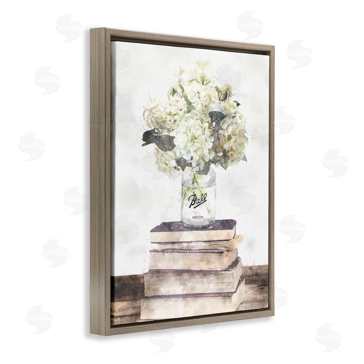 Hydrangea Country Bookstack Brown Floating Frame Canvas Wall Art, Home Decor by Ziwei Li