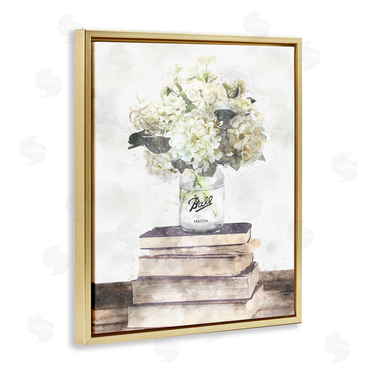 Hydrangea Country Bookstack Gold Floating Frame Canvas Wall Art, Home Decor by Ziwei Li