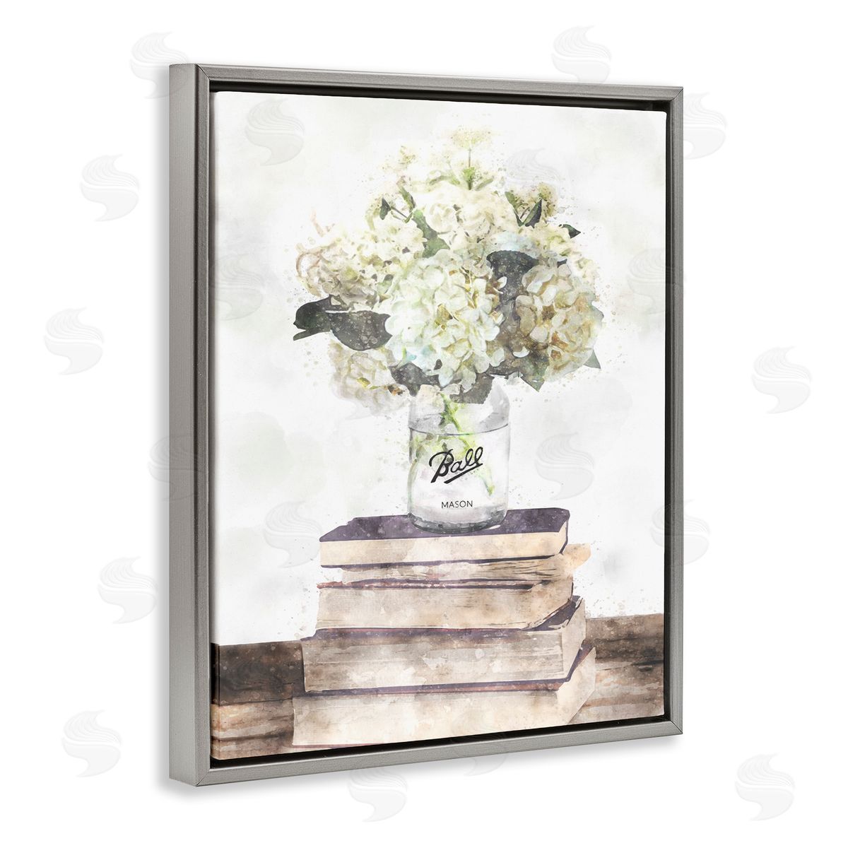 Hydrangea Country Bookstack Grey Floating Frame Canvas Wall Art, Home Decor by Ziwei Li