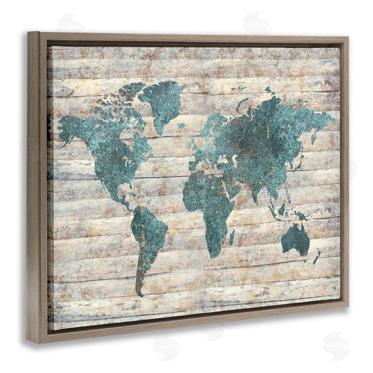 Blue Map on Rustic Pattern Brown Floating Frame Canvas Wall Art, Home Decor by Ziwei Li