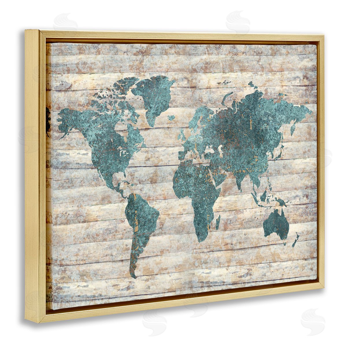 Blue Map on Rustic Pattern Gold Floating Frame Canvas Wall Art, Home Decor by Ziwei Li