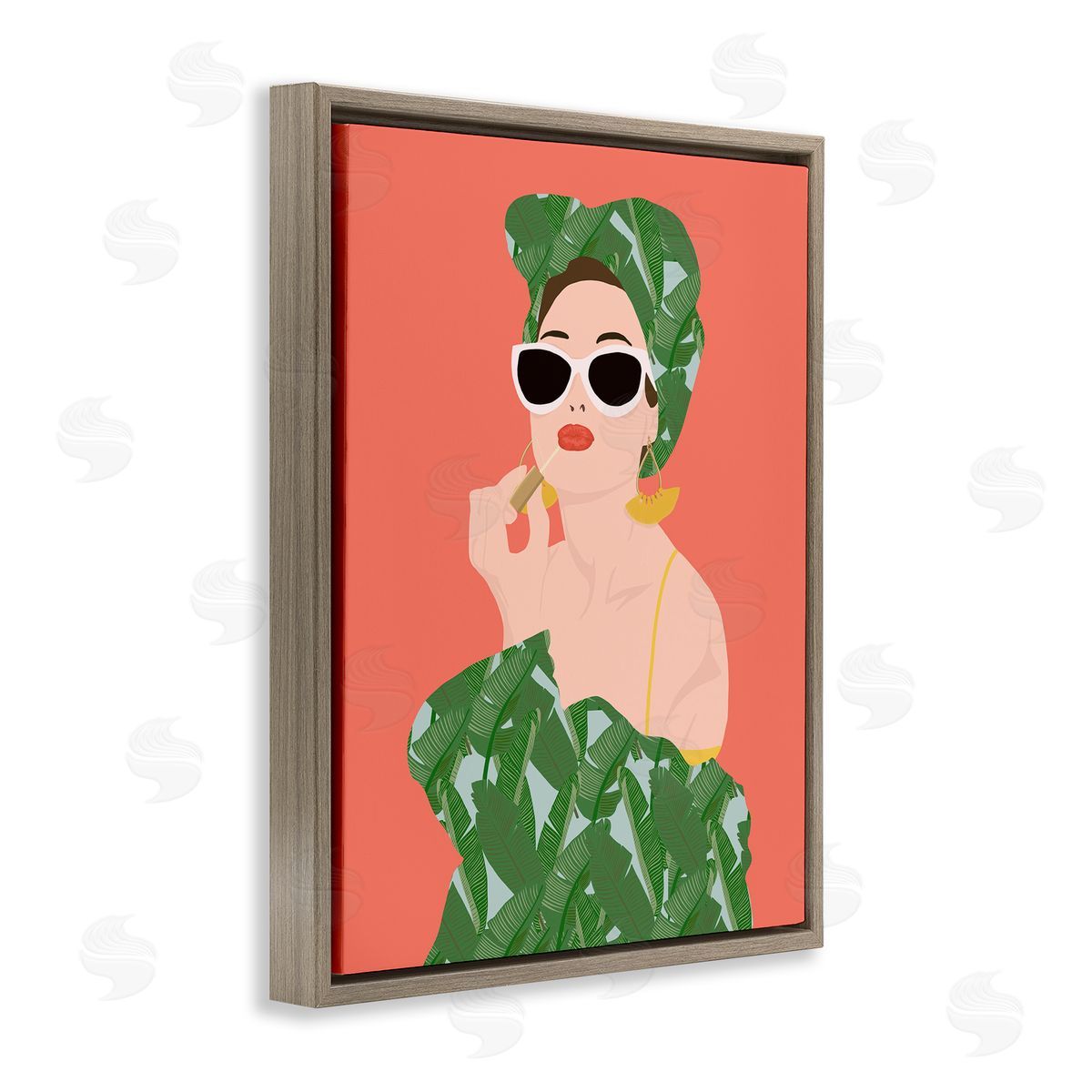 Woman in Tropical Fashion Brown Floating Frame Canvas Wall Art, Home Decor by Jen Bucheli