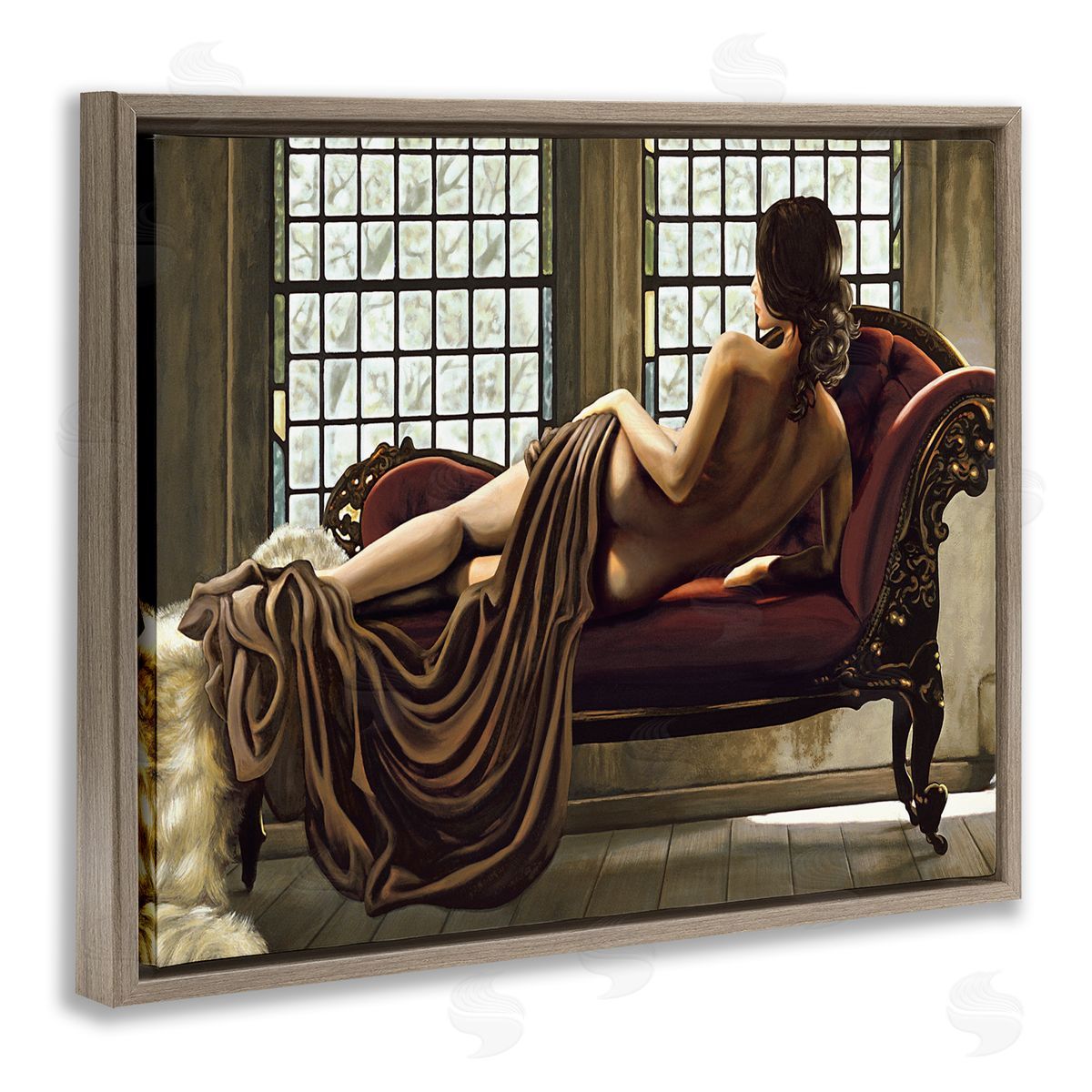 Golden Woman Nude Portrait Brown Floating Frame Canvas Wall Art, Home Decor by Thomas Page