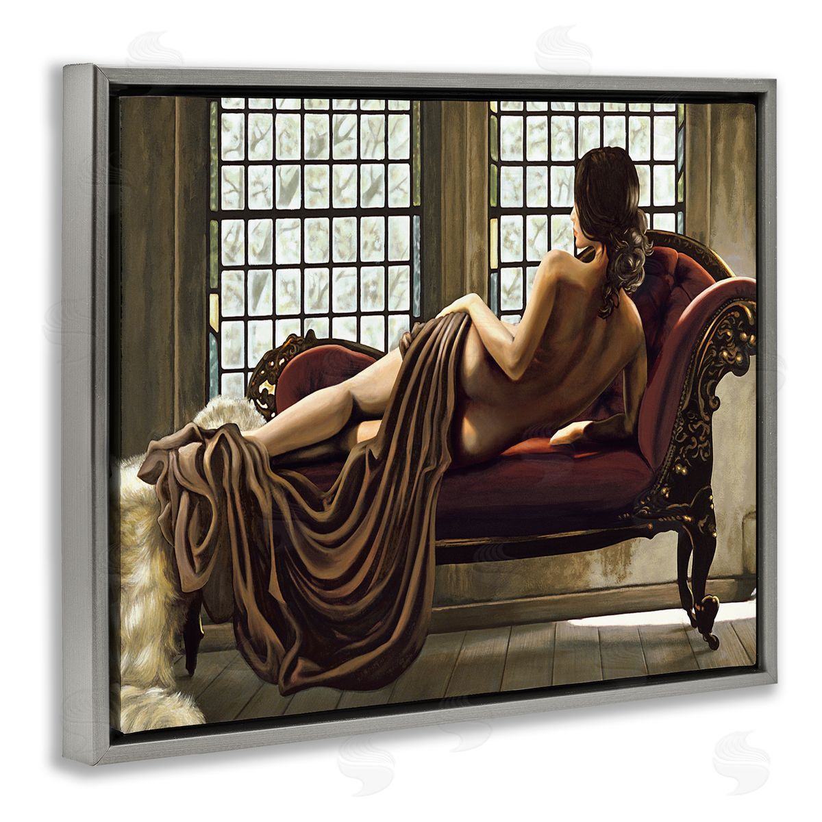 Golden Woman Nude Portrait Grey Floating Frame Canvas Wall Art, Home Decor by Thomas Page