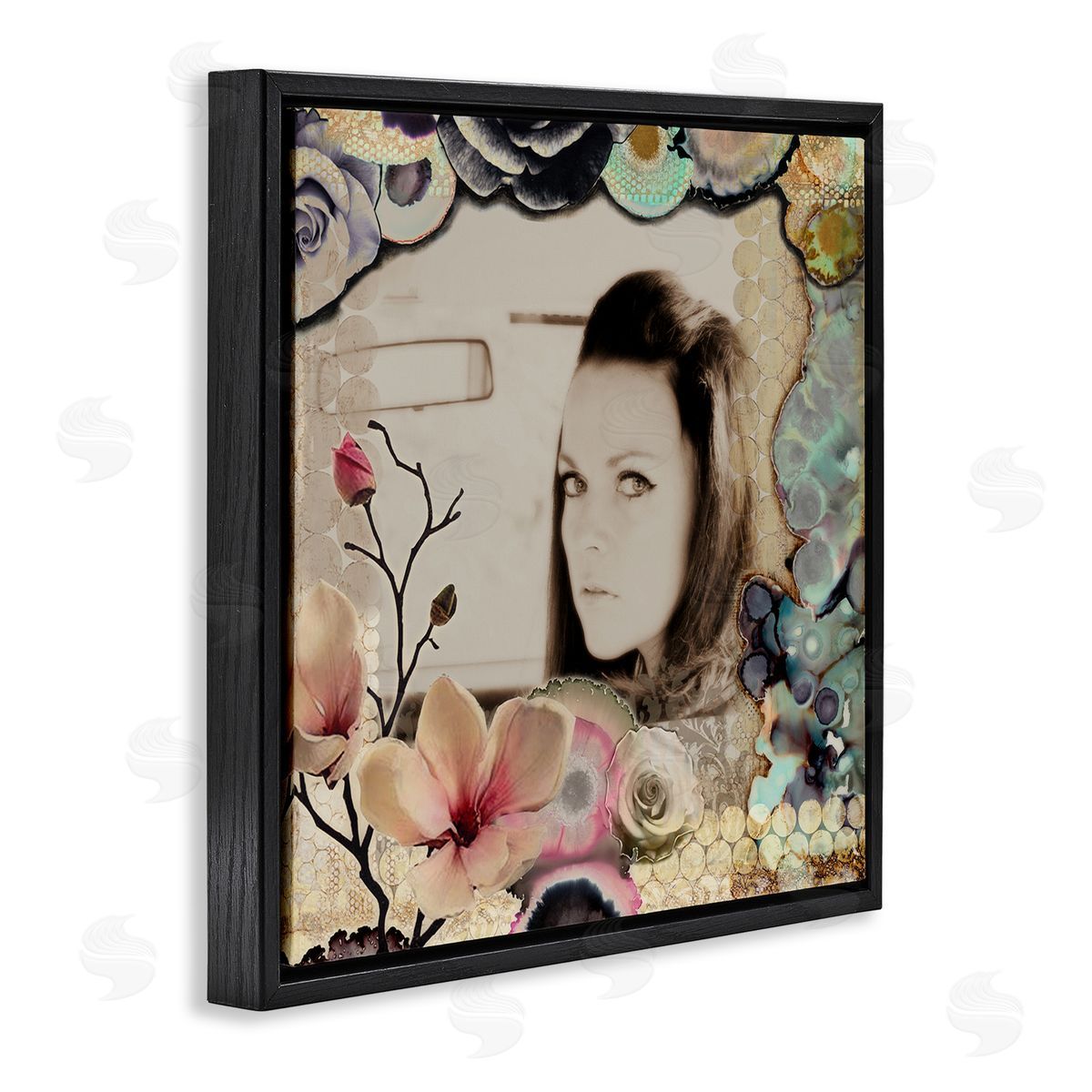 Girl in Car Collaged Florals Black Floating Frame Canvas Wall Art, Home Decor by Third & Wall Studios