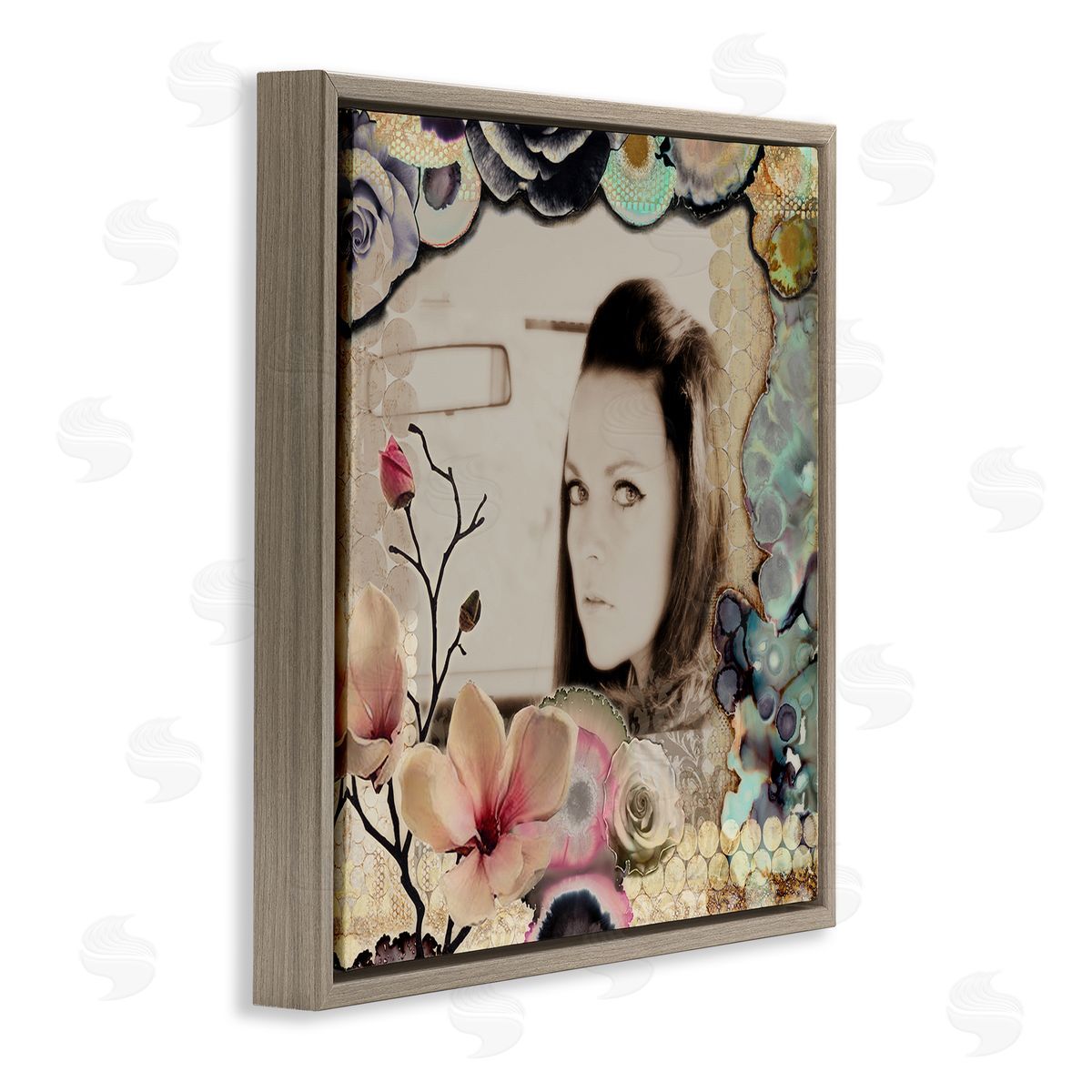 Girl in Car Collaged Florals Brown Floating Frame Canvas Wall Art, Home Decor by Third & Wall Studios
