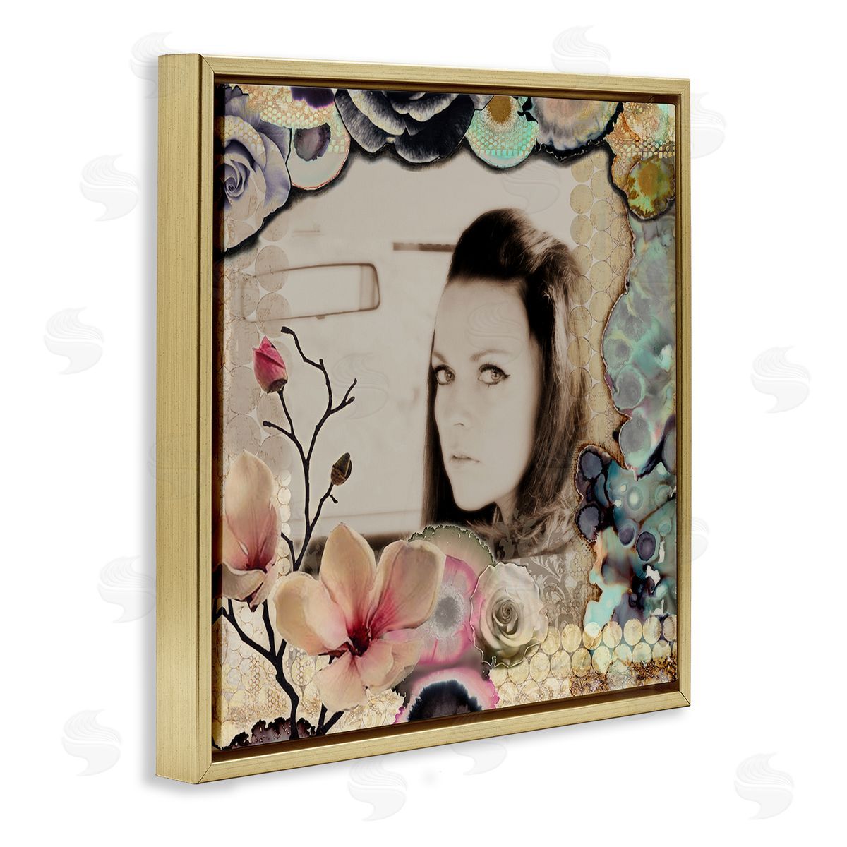 Girl in Car Collaged Florals Gold Floating Frame Canvas Wall Art, Home Decor by Third & Wall Studios