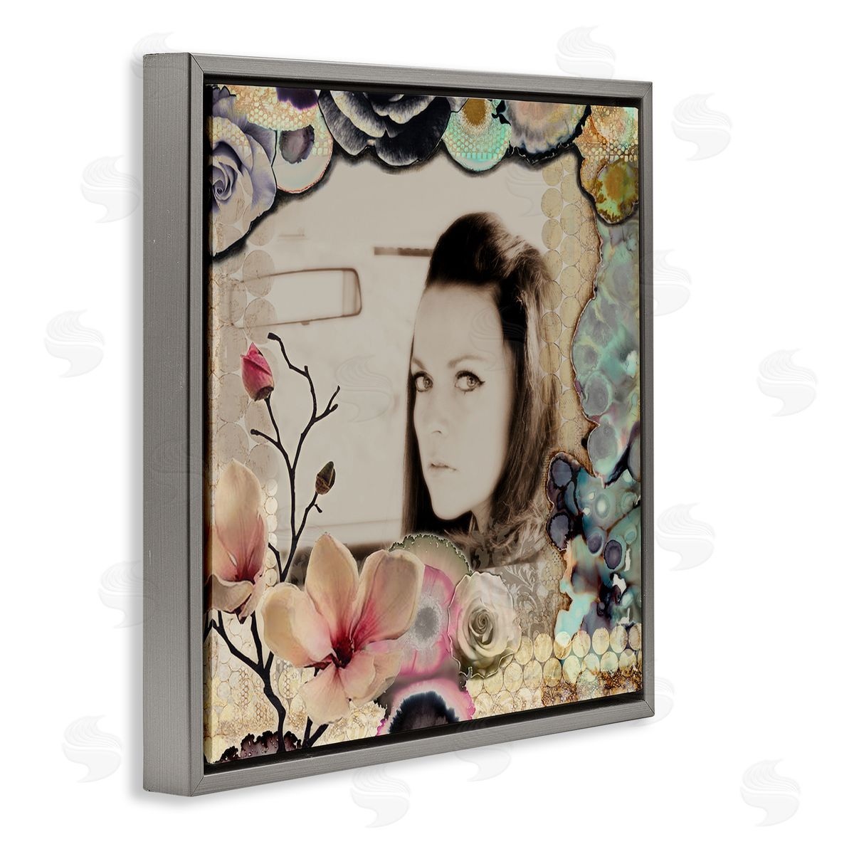 Girl in Car Collaged Florals Grey Floating Frame Canvas Wall Art, Home Decor by Third & Wall Studios