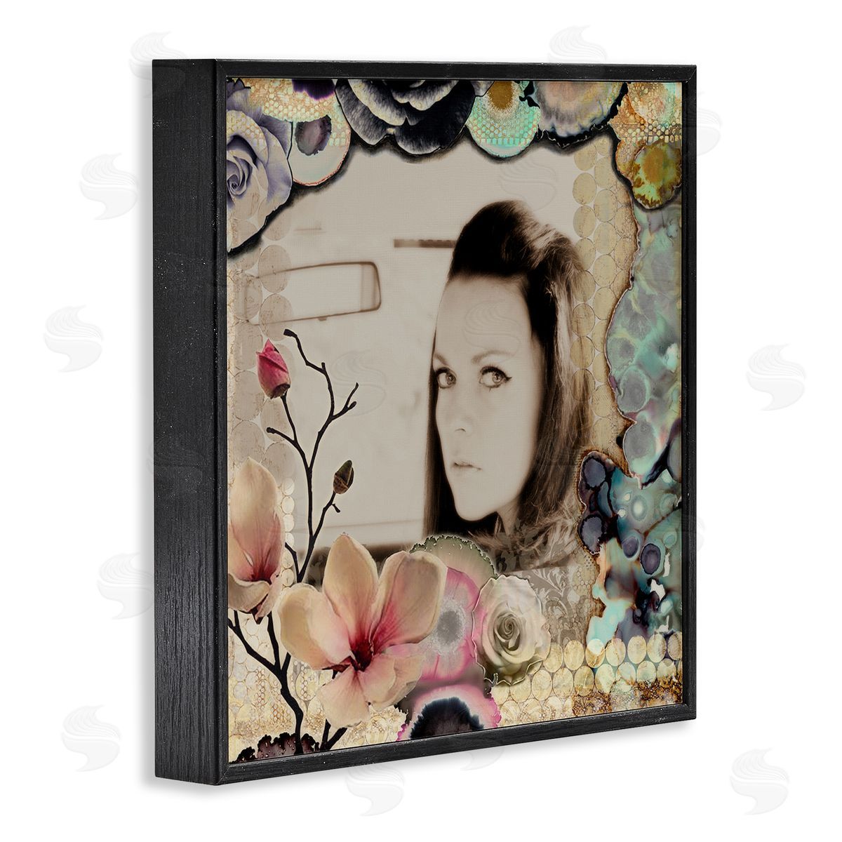 Girl in Car Collaged Florals Black Frame Print Wall Art, Home Decor by Third & Wall Studios