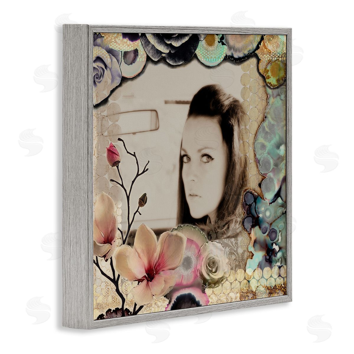 Girl in Car Collaged Florals Grey Frame Print Wall Art, Home Decor by Third & Wall Studios