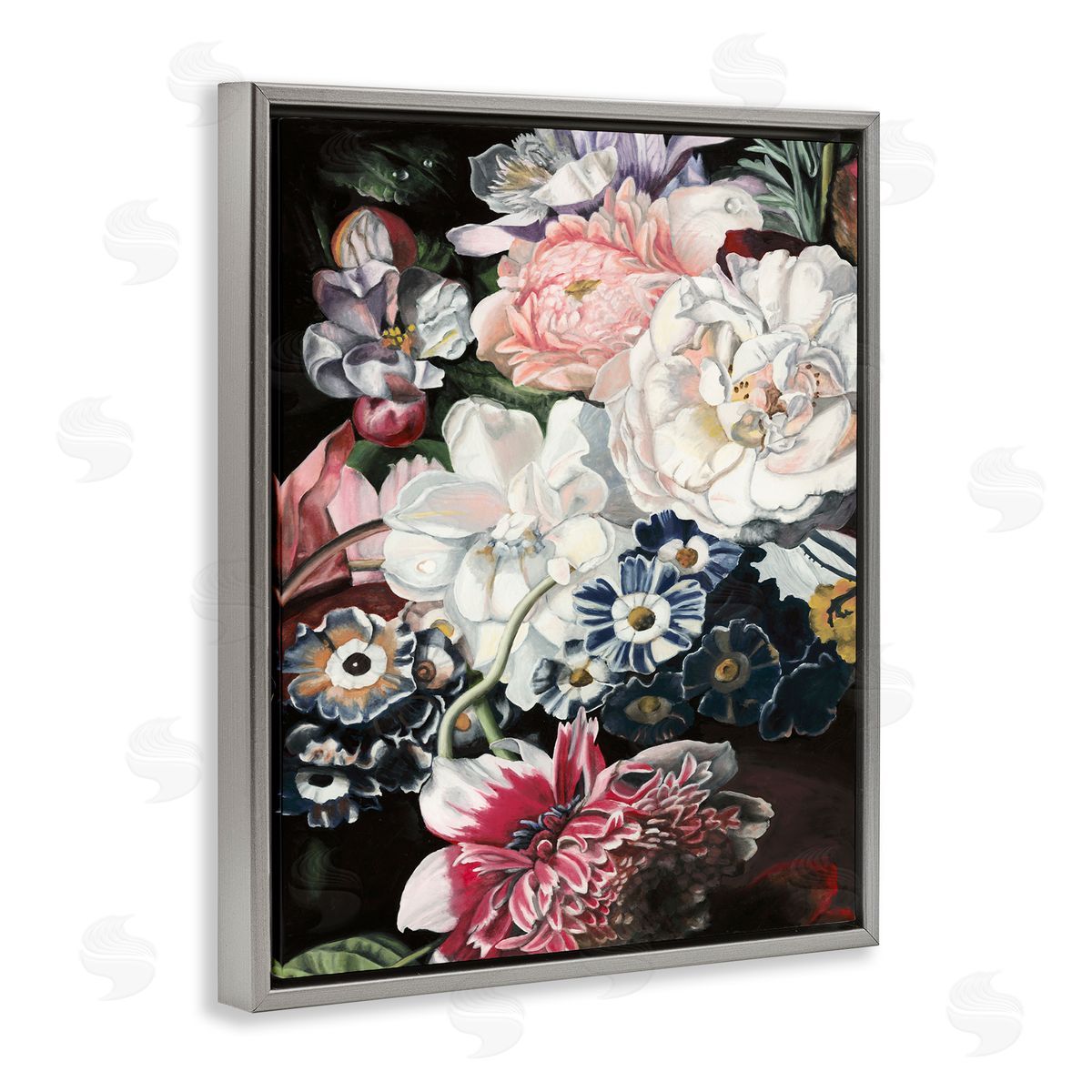 Vintage Blooming Florals Grey Floating Frame Canvas Wall Art, Home Decor by Naomi McCavitt