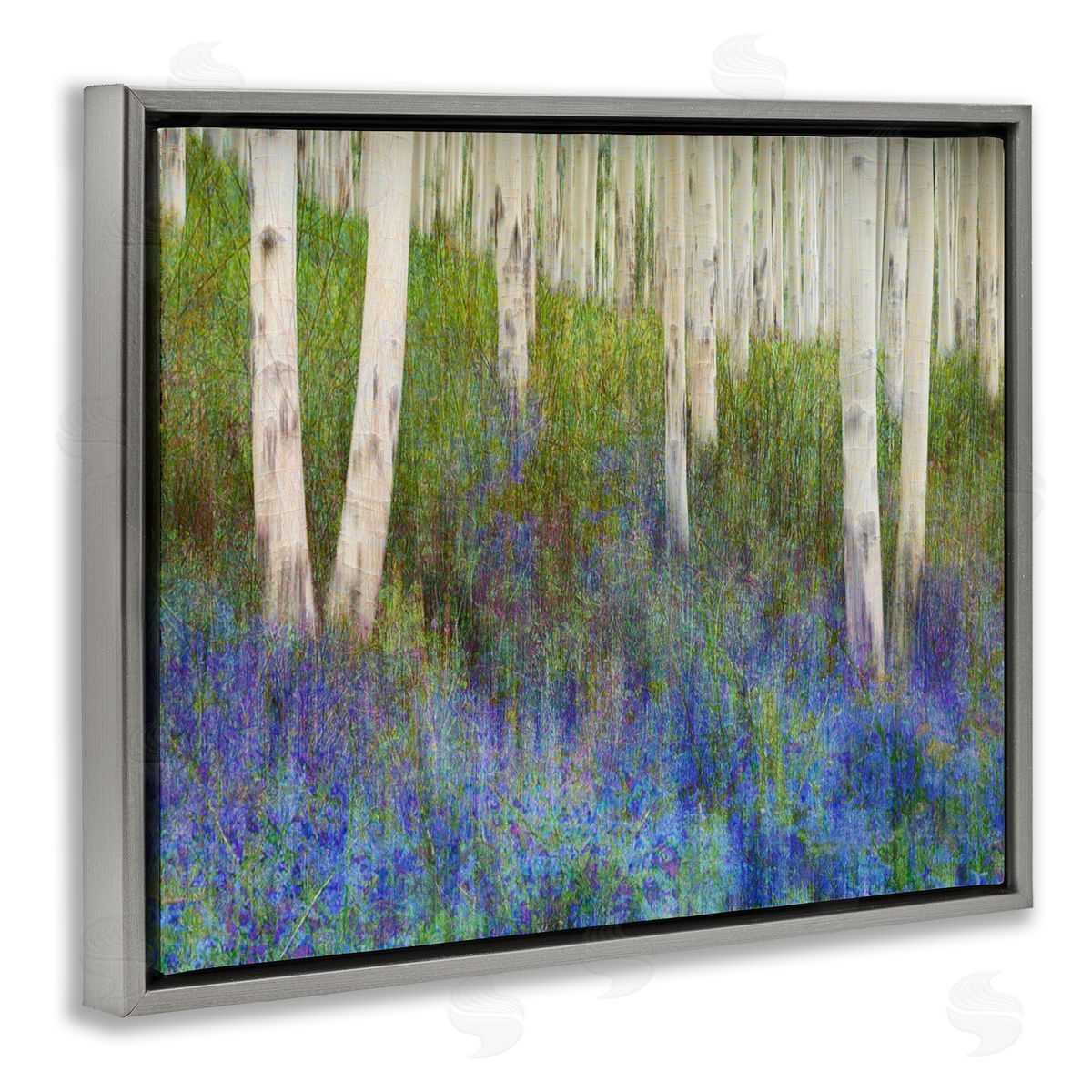 Lavender Field with Birch Trees Grey Floating Frame Canvas Wall Art, Home Decor by Chris Vest