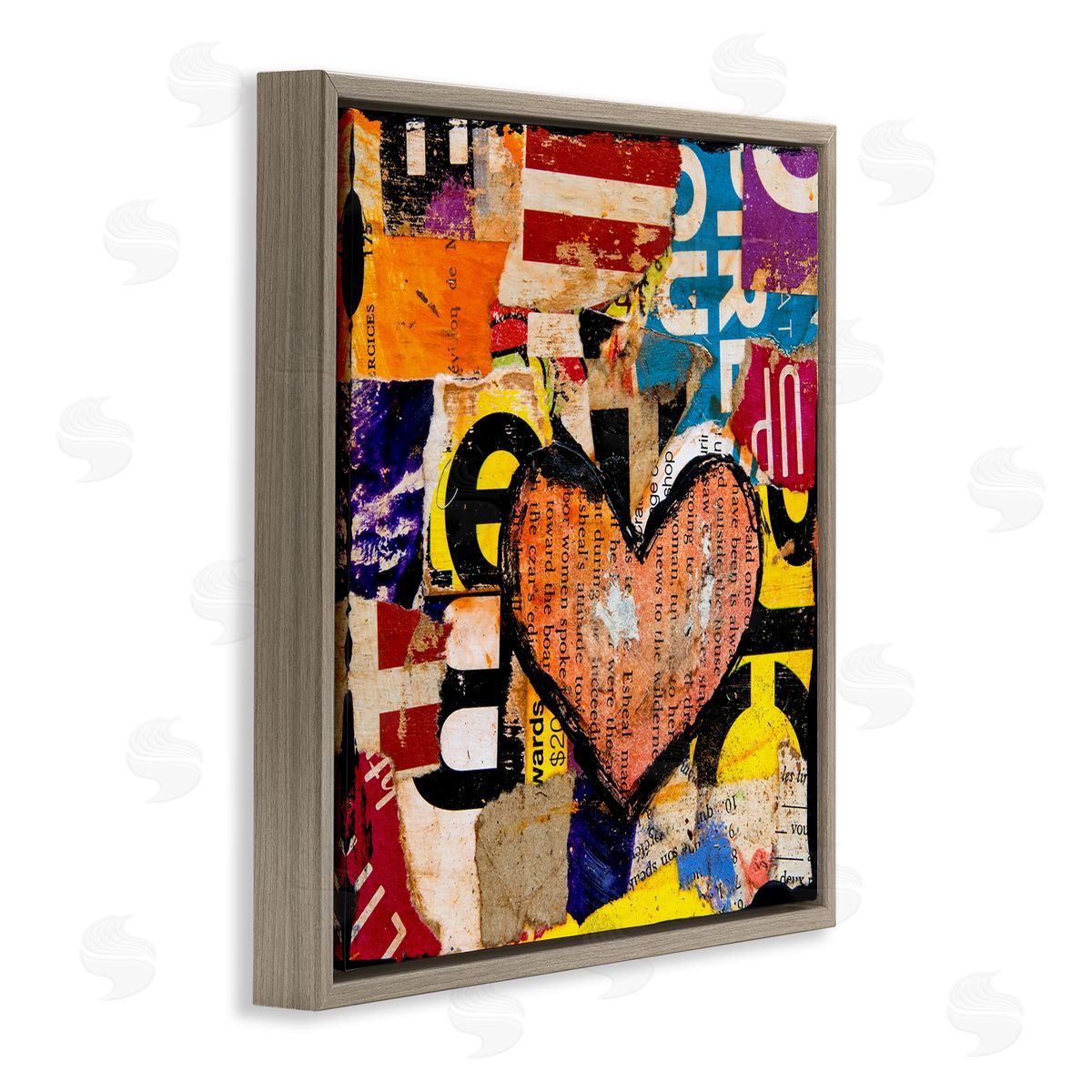 Erin Ashley Abstract Red Heart Text Collage Brown Floater Frame Canvas Art