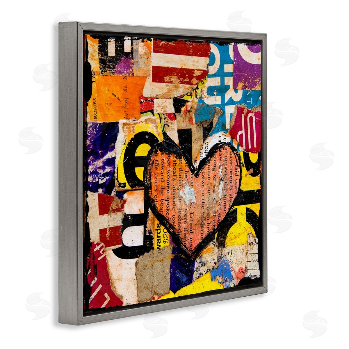 Erin Ashley Abstract Red Heart Text Collage Gray Floater Frame Canvas Art