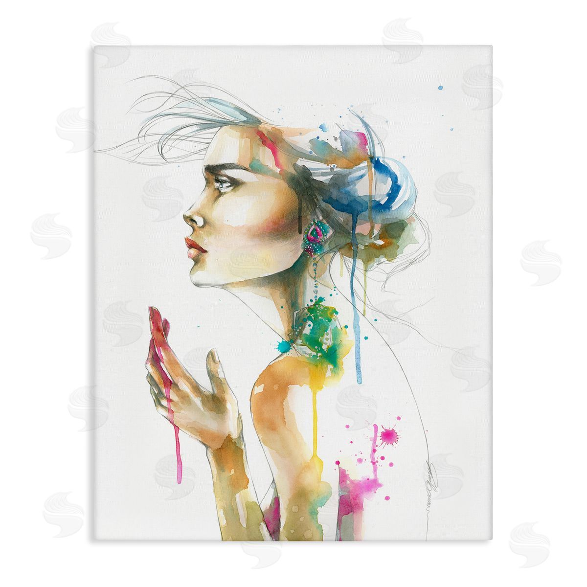 Elisaveta Stoilova Abstract Watercolor Female Side Portrait Canvas Wall Art