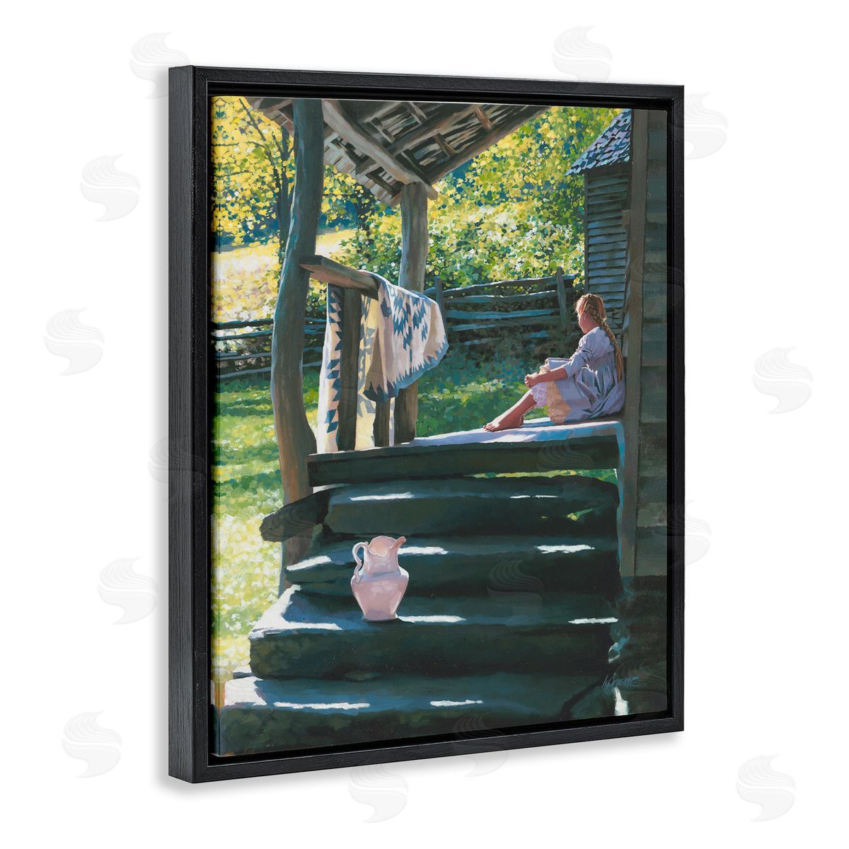 Heide Presse Girl Sitting on Porch with Quilt Black Floater Frame Canvas Art